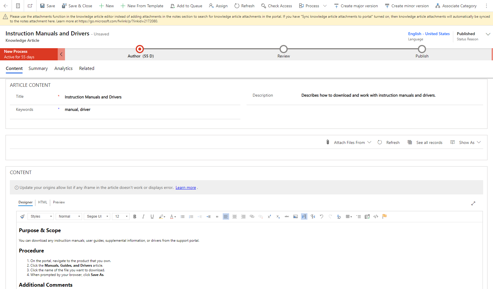 Create and manage knowledge articles life cycle